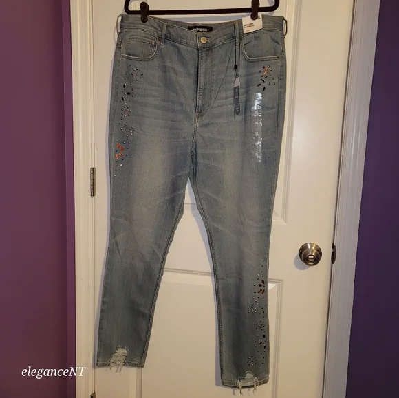 Express Light Blue wash Stretch Ankle legging Super High rise Jeans Sz: 18 L NWT - Picture 4 of 11